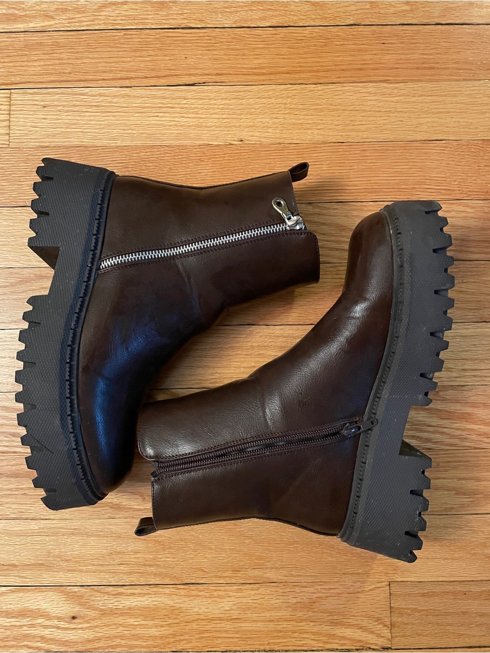 Women’s Dark Brown Leather Lug Sole Zip Ankle Boots